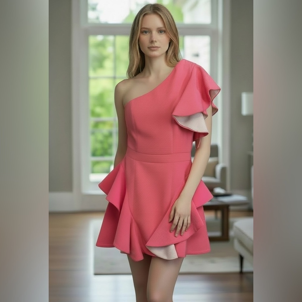Forever Unique Hot Pink One Shoulder Ruffle Mini Dress Statement Party size 2 - Picture 2 of 12
